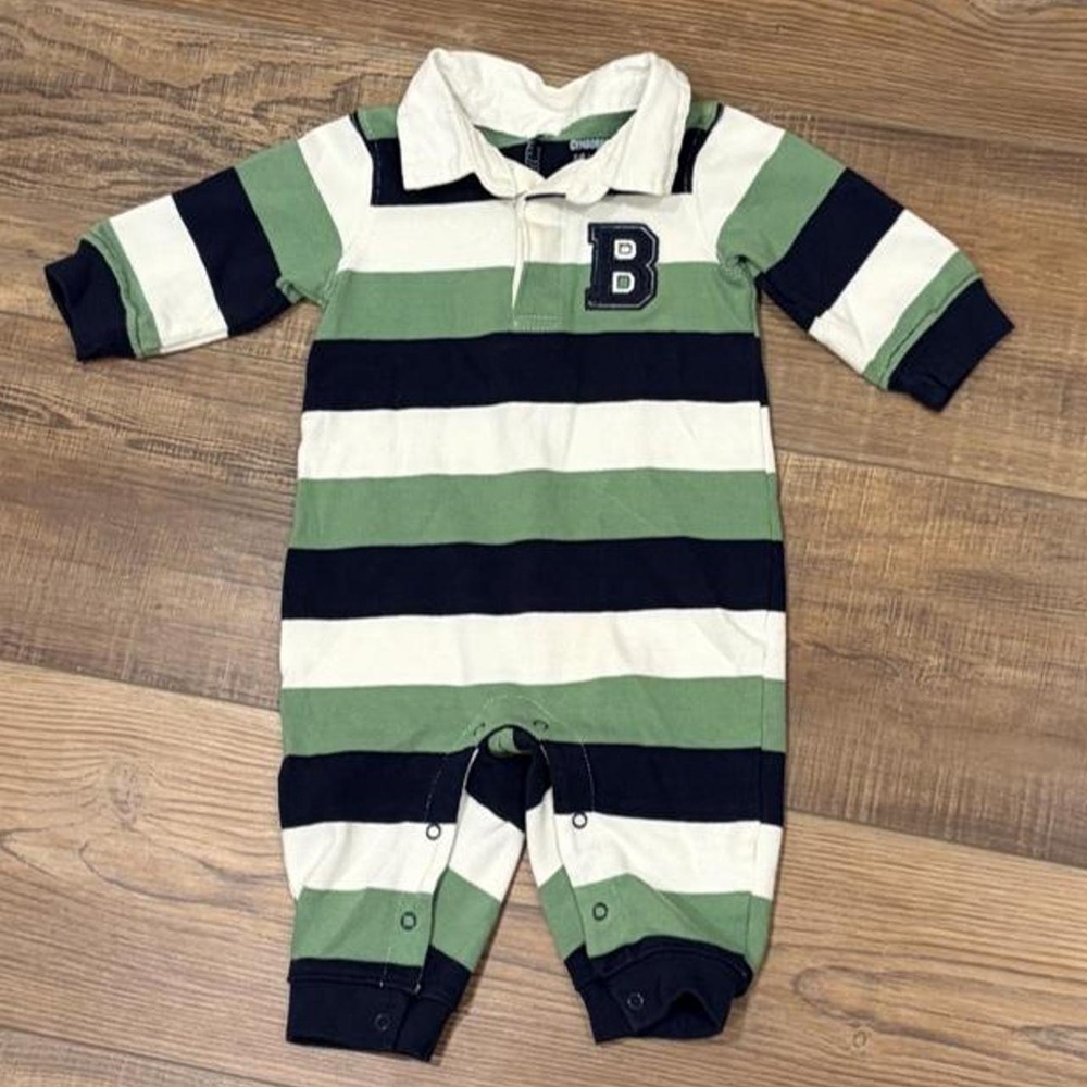 Gymboree navy, white, and green striped baby romper with a letter B adorable